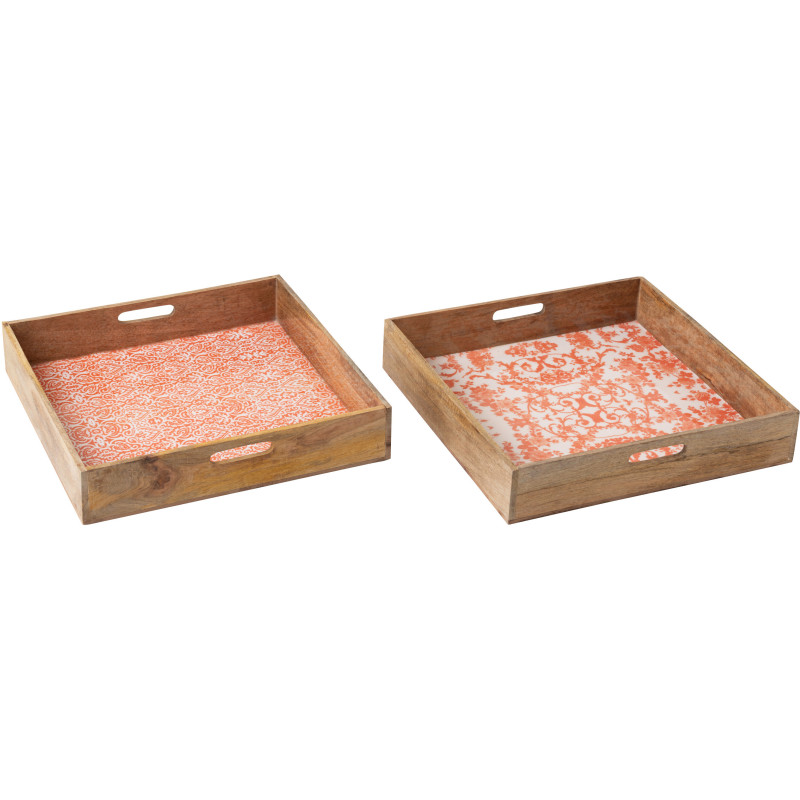 Lot de 2 Grands Plateaux Campagne chic Carré 50 cm Bois de manguier Orange Blanc Naturel Verdeno 