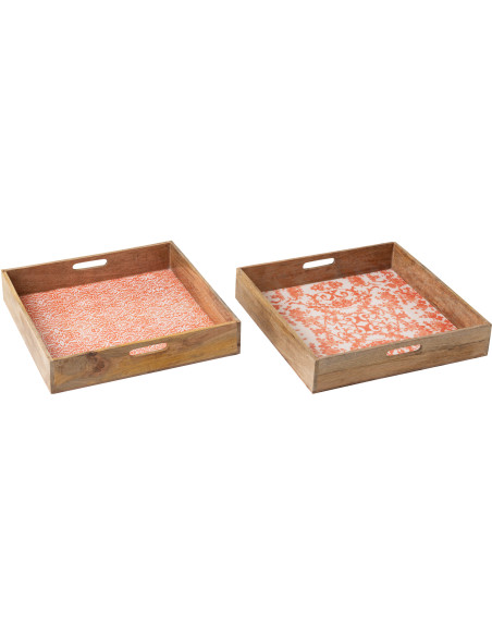 Lot de 2 Grands Plateaux Campagne chic Carré 50 cm Bois de manguier Orange Blanc Naturel Verdeno 
