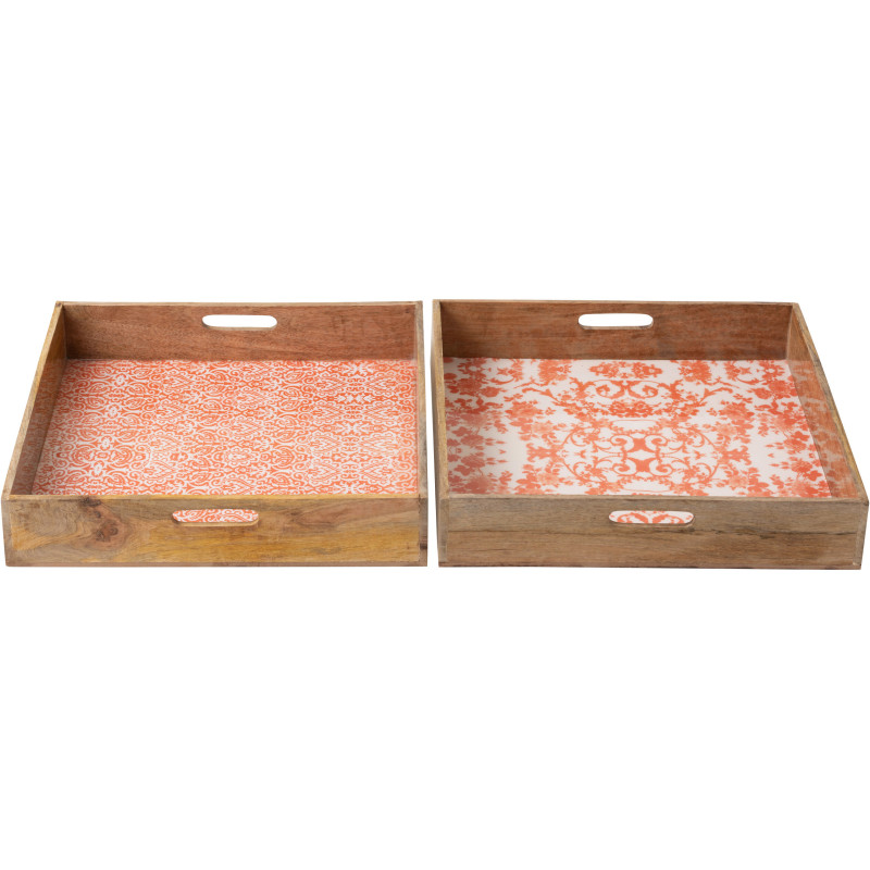 Lot de 2 Grands Plateaux Campagne chic Carré 50 cm Bois de manguier Orange Blanc Naturel Verdeno 
