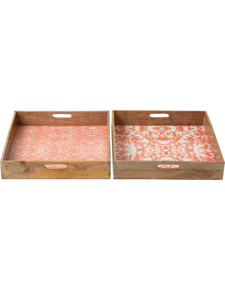 Lot de 2 Grands Plateaux Campagne chic Carré 50 cm Bois de manguier Orange Blanc Naturel Verdeno 