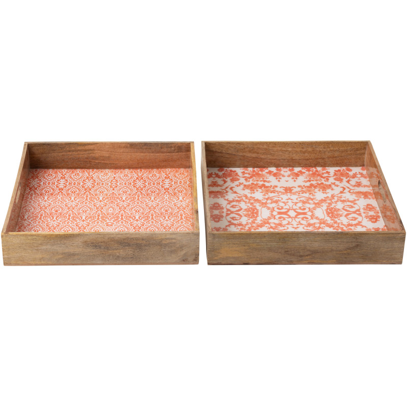 Lot de 2 Grands Plateaux Campagne chic Carré 50 cm Bois de manguier Orange Blanc Naturel Verdeno 