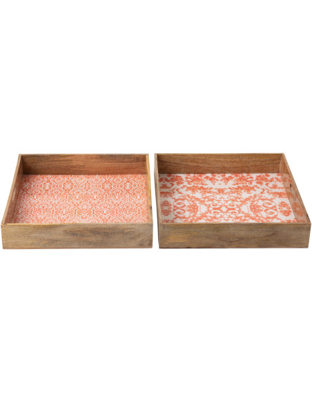 Lot de 2 Grands Plateaux Campagne chic Carré 50 cm Bois de manguier Orange Blanc Naturel Verdeno 