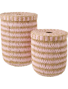 Lot de 2 Grands Panier de rangement bohème avec couvercle Jonc de mer Rose clair Naturel Tressé Tissania 
