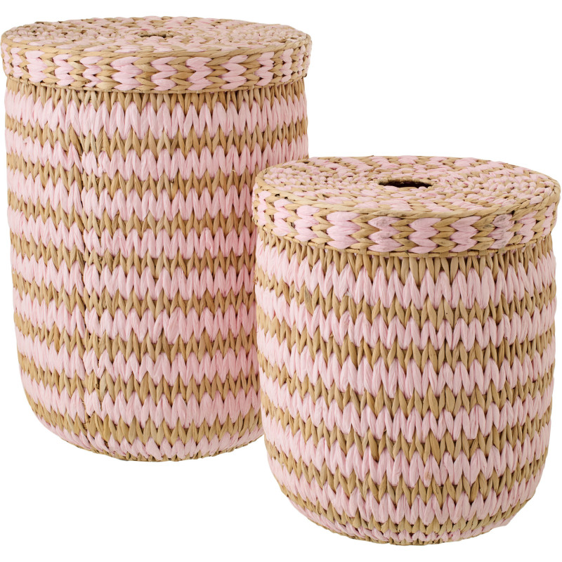 Lot de 2 Grands Panier de rangement bohème avec couvercle Jonc de mer Rose clair Naturel Tressé Tissania 