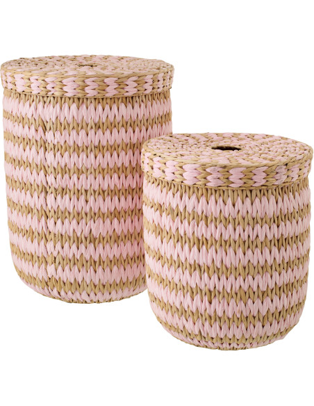 Lot de 2 Grands Panier de rangement bohème avec couvercle Jonc de mer Rose clair Naturel Tressé Tissania 