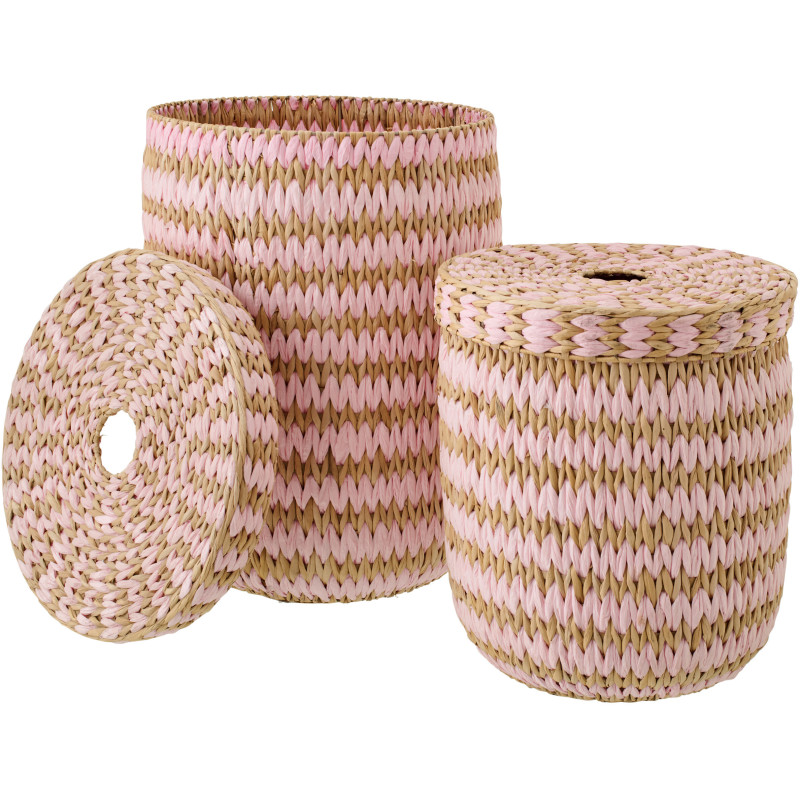 Lot de 2 Grands Panier de rangement bohème avec couvercle Jonc de mer Rose clair Naturel Tressé Tissania 