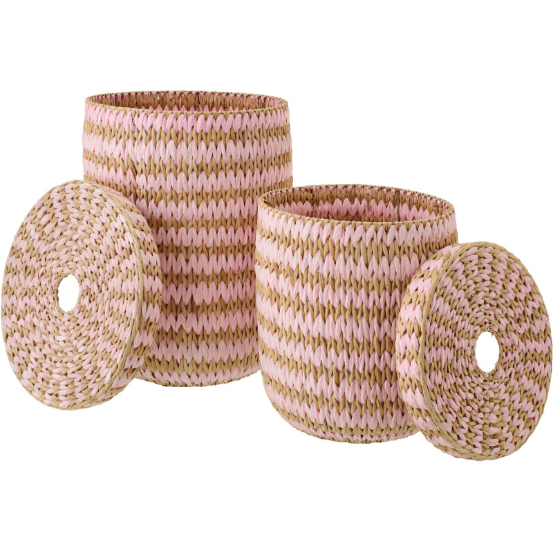 Lot de 2 Grands Panier de rangement bohème avec couvercle Jonc de mer Rose clair Naturel Tressé Tissania 