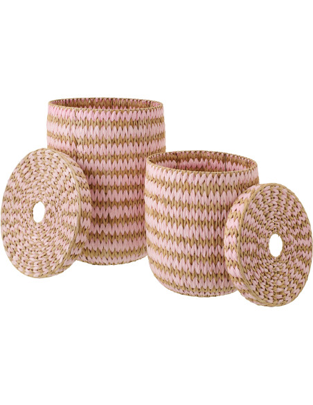 Lot de 2 Grands Panier de rangement bohème avec couvercle Jonc de mer Rose clair Naturel Tressé Tissania 