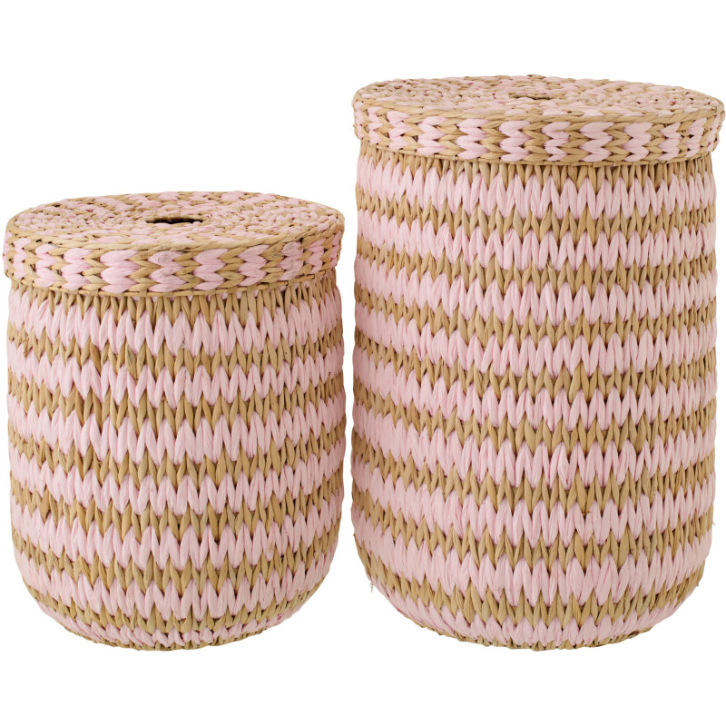 Lot de 2 Grands Panier de rangement bohème avec couvercle Jonc de mer Rose clair Naturel Tressé Tissania 