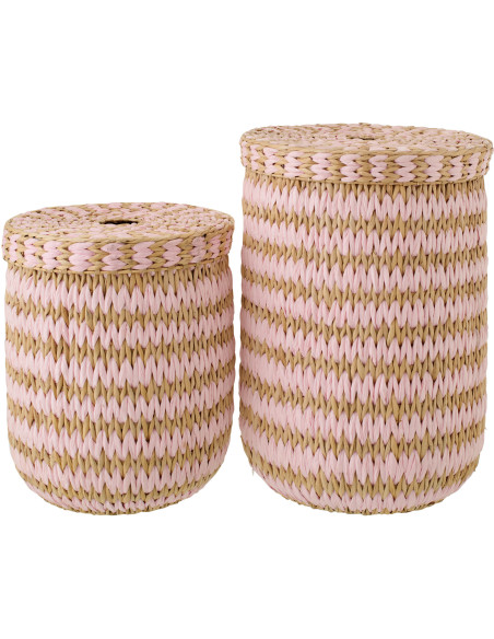 Lot de 2 Grands Panier de rangement bohème avec couvercle Jonc de mer Rose clair Naturel Tressé Tissania 