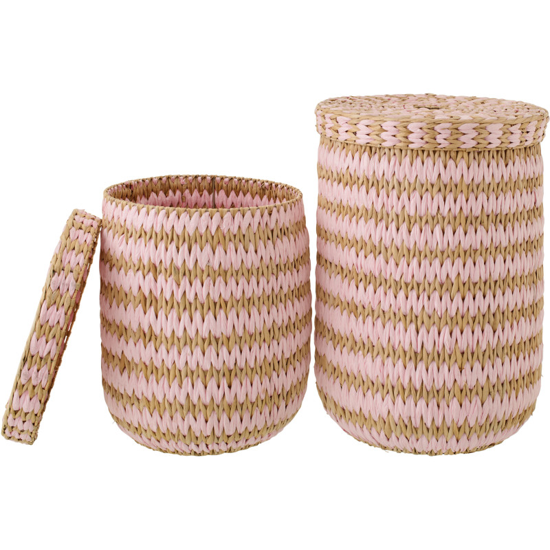 Lot de 2 Grands Panier de rangement bohème avec couvercle Jonc de mer Rose clair Naturel Tressé Tissania 