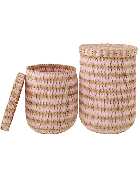 Lot de 2 Grands Panier de rangement bohème avec couvercle Jonc de mer Rose clair Naturel Tressé Tissania 