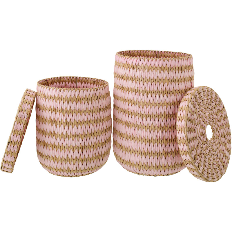 Lot de 2 Grands Panier de rangement bohème avec couvercle Jonc de mer Rose clair Naturel Tressé Tissania 