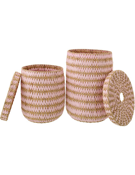 Lot de 2 Grands Panier de rangement bohème avec couvercle Jonc de mer Rose clair Naturel Tressé Tissania 