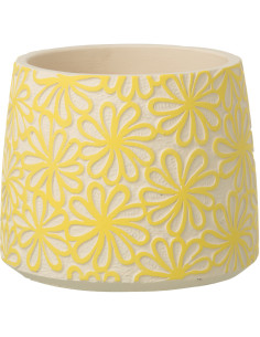 Lot de 2 Grands Cache-pots bohème Rond D 20 cm Ciment Jaune Blanc cassé Motif fleurs Kisara 