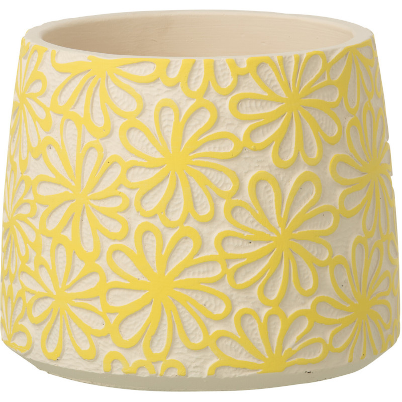 Lot de 2 Grands Cache-pots bohème Rond D 20 cm Ciment Jaune Blanc cassé Motif fleurs Kisara 