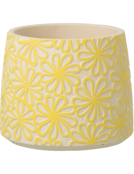 Lot de 2 Grands Cache-pots bohème Rond D 20 cm Ciment Jaune Blanc cassé Motif fleurs Kisara 