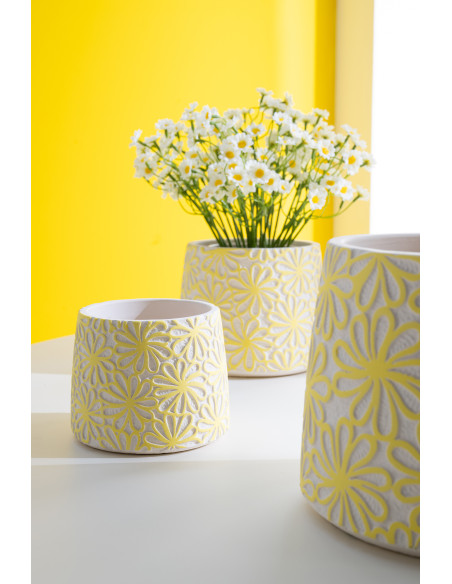 Lot de 2 Grands Cache-pots bohème Rond D 20 cm Ciment Jaune Blanc cassé Motif fleurs Kisara 