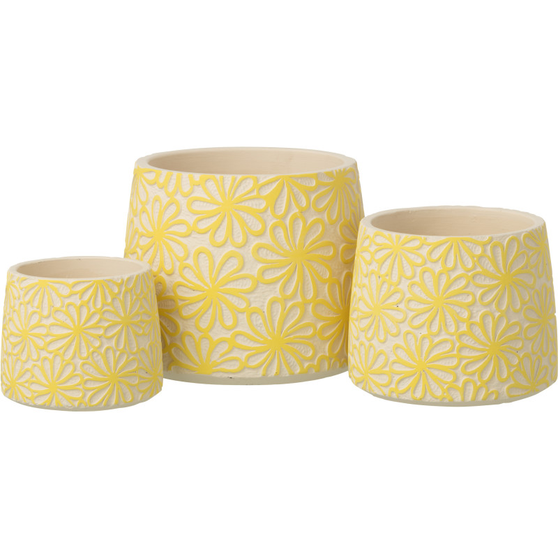 Lot de 2 Grands Cache-pots bohème Rond D 20 cm Ciment Jaune Blanc cassé Motif fleurs Kisara 