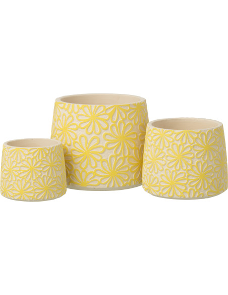 Lot de 2 Grands Cache-pots bohème Rond D 20 cm Ciment Jaune Blanc cassé Motif fleurs Kisara 