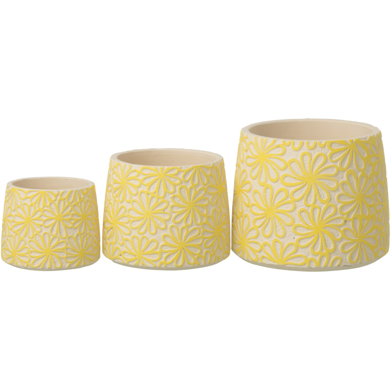 Lot de 2 Grands Cache-pots bohème Rond D 20 cm Ciment Jaune Blanc cassé Motif fleurs Kisara 