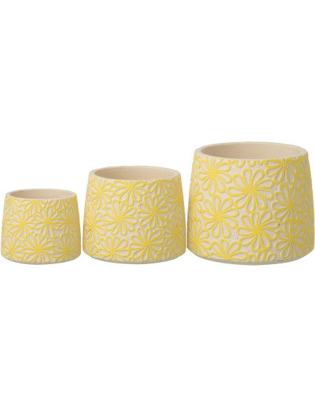 Lot de 2 Grands Cache-pots bohème Rond D 20 cm Ciment Jaune Blanc cassé Motif fleurs Kisara 