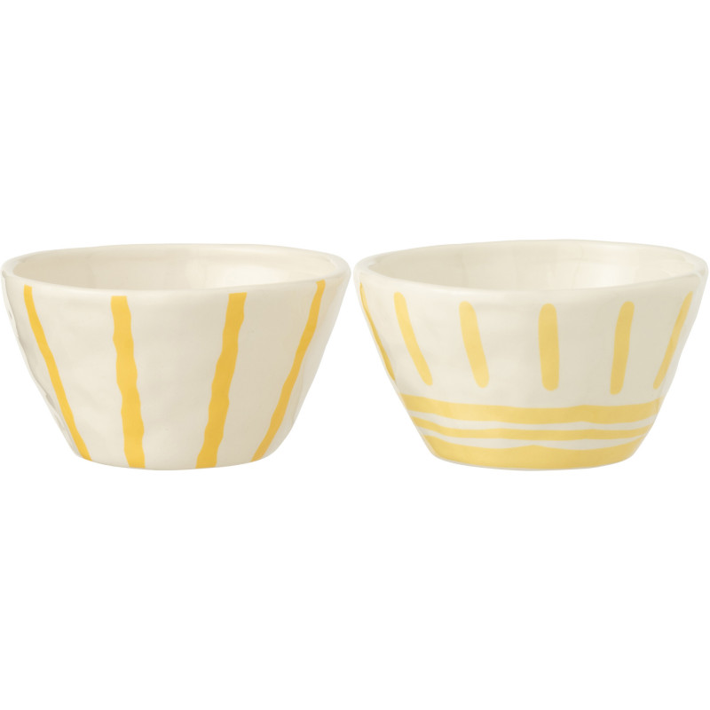 Lot de 2 Grands Bols style méditerranéen Organique 23 cm Dolomite Blanc Jaune Motif lignes Solawa 
