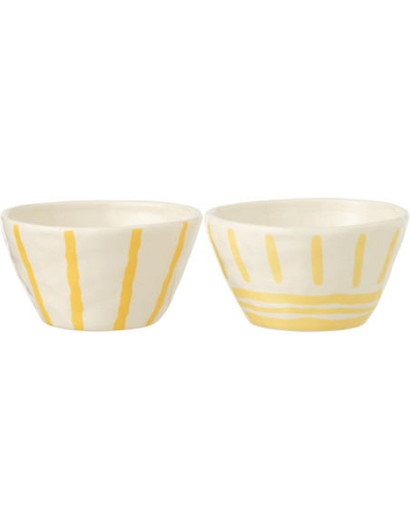 Lot de 2 Grands Bols style méditerranéen Organique 23 cm Dolomite Blanc Jaune Motif lignes Solawa 