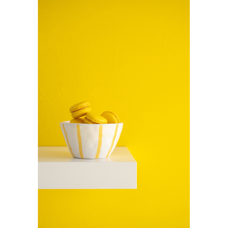 Lot de 2 Grands Bols style méditerranéen Organique 23 cm Dolomite Blanc Jaune Motif lignes Solawa 