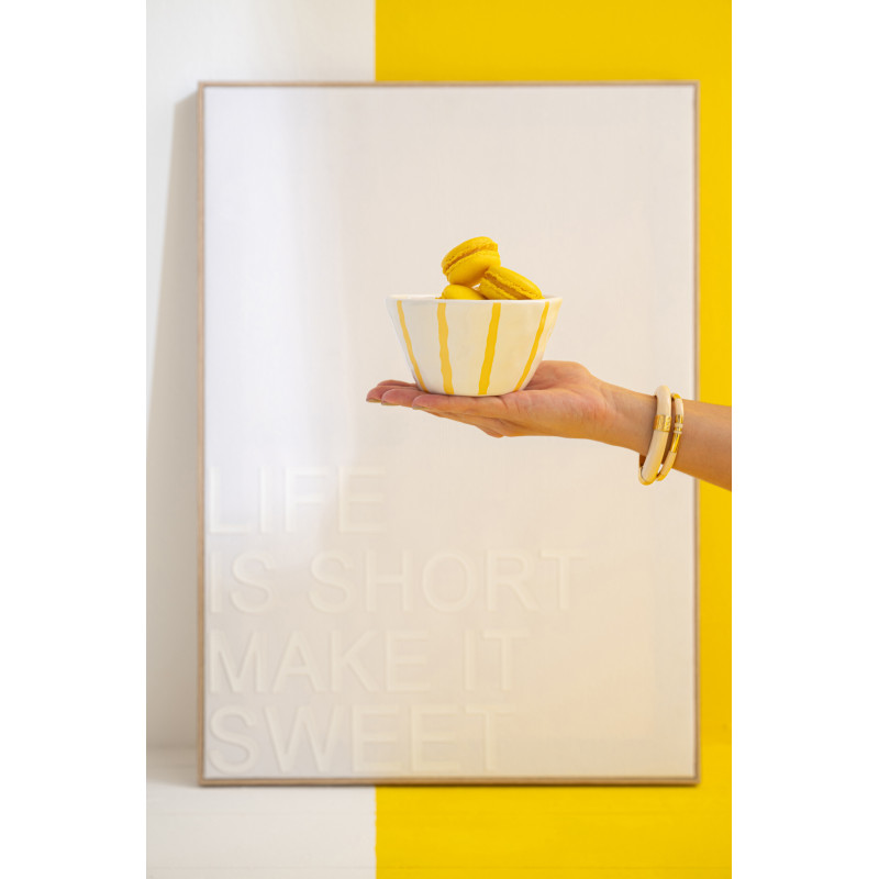 Lot de 2 Grands Bols style méditerranéen Organique 23 cm Dolomite Blanc Jaune Motif lignes Solawa 