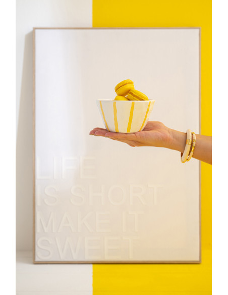 Lot de 2 Grands Bols style méditerranéen Organique 23 cm Dolomite Blanc Jaune Motif lignes Solawa 