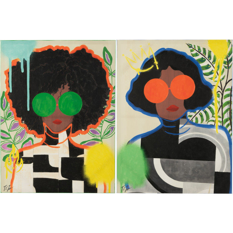 Lot de 2 Grandes Toiles murales peintes Pop Art Femmes 75x100 Woumia 