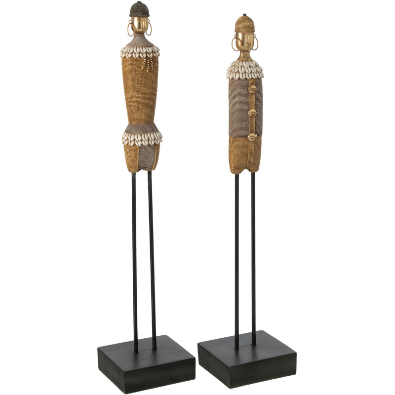 Lot de 2 Grandes Statuettes déco africaines sur pied H 70 cm Résine Beige Coquillage Blanc Nabiré 