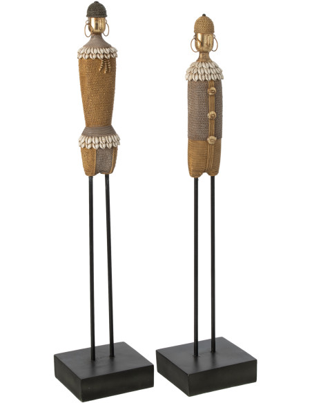 Lot de 2 Grandes Statuettes déco africaines sur pied H 70 cm Résine Beige Coquillage Blanc Nabiré 