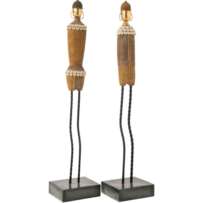 Lot de 2 Grandes Statuettes déco africaines sur pied H 70 cm Résine Beige Coquillage Blanc Nabiré 