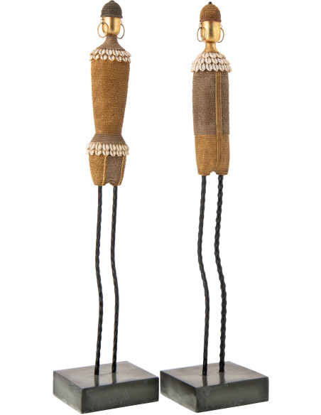 Lot de 2 Grandes Statuettes déco africaines sur pied H 70 cm Résine Beige Coquillage Blanc Nabiré 