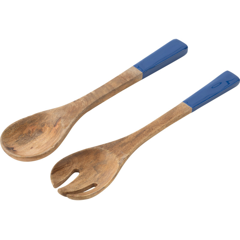 Lot de 2 Couverts à salade style méditerranéen Bois de manguier Blanc Bleu Motif fleurs Azuriva 