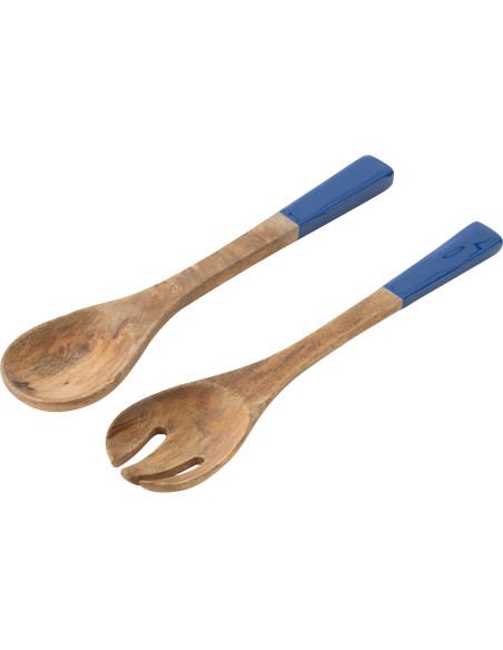 Lot de 2 Couverts à salade style méditerranéen Bois de manguier Blanc Bleu Motif fleurs Azuriva 