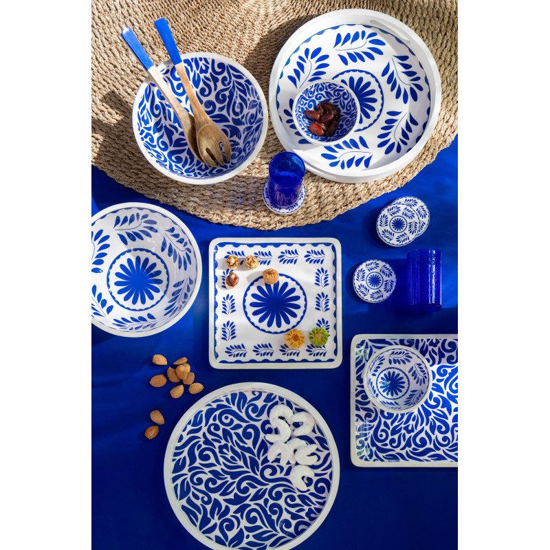 Lot de 2 Couverts à salade style méditerranéen Bois de manguier Blanc Bleu Motif fleurs Azuriva 