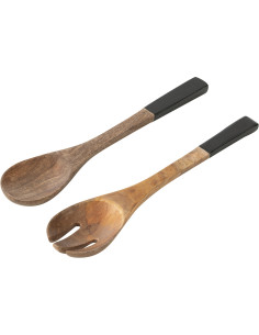 Lot de 2 Couverts à salade Japandi chic Bois de manguier Noir Blanc Motif fleurs Florikio 