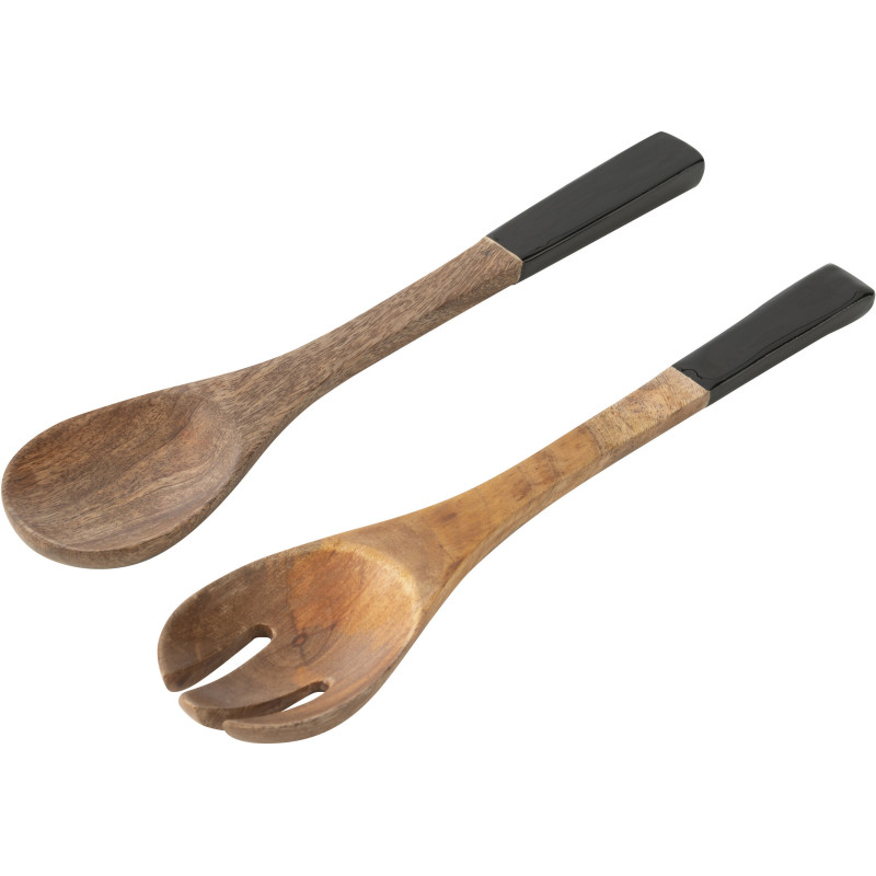 Lot de 2 Couverts à salade Japandi chic Bois de manguier Noir Blanc Motif fleurs Florikio 