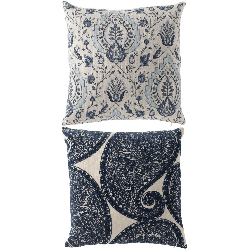 Lot de 2 Coussins indiens chic Carré 45x45 Tissu Bleu Blanc cassé Indigra 