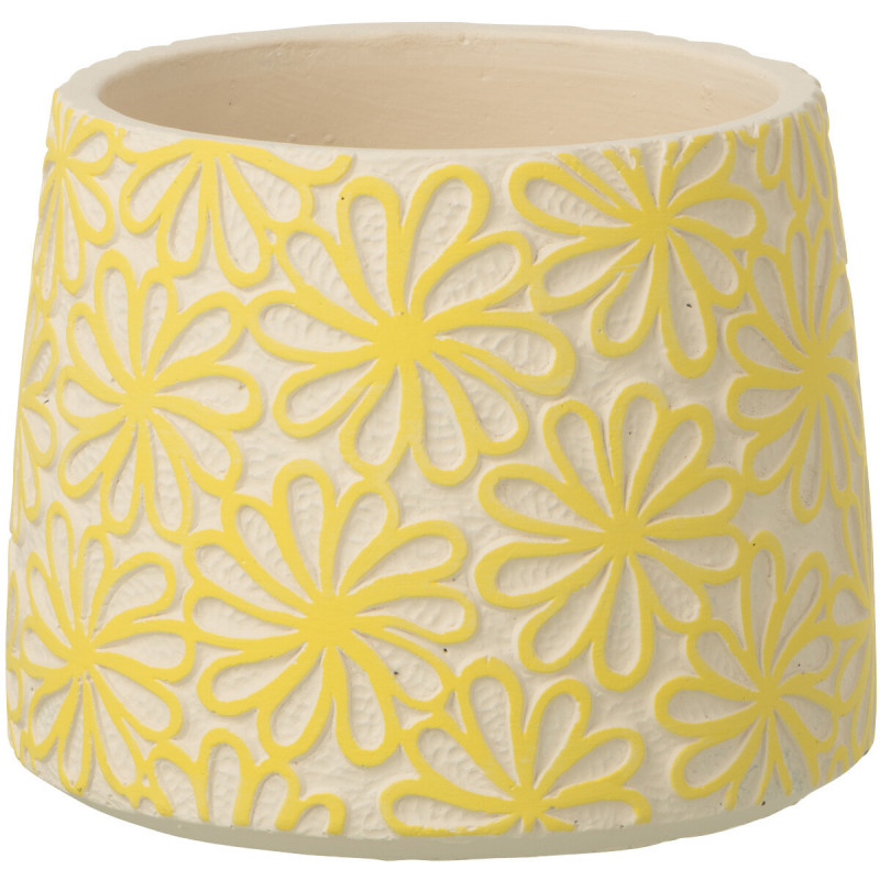 Lot de 2 Cache-pots bohème Rond D 16 cm Ciment Jaune Blanc cassé Motif fleurs Kisara 