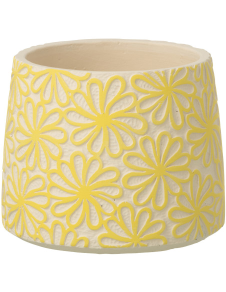 Lot de 2 Cache-pots bohème Rond D 16 cm Ciment Jaune Blanc cassé Motif fleurs Kisara 