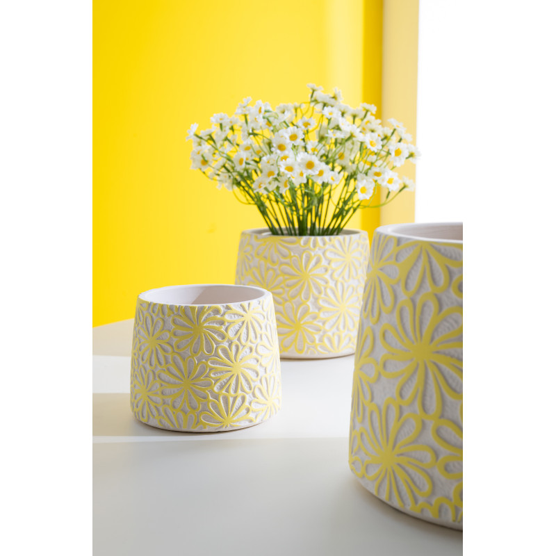 Lot de 2 Cache-pots bohème Rond D 16 cm Ciment Jaune Blanc cassé Motif fleurs Kisara 