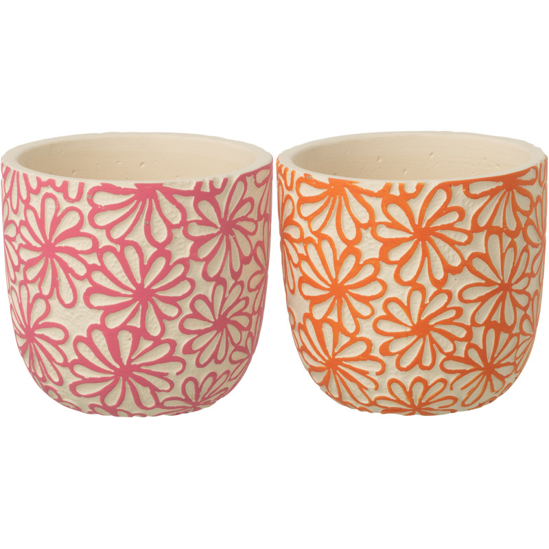Lot de 2 Cache-pots bohème Rond D 13 cm Terre cuite Rose Orange Motif fleurs Hanaya 