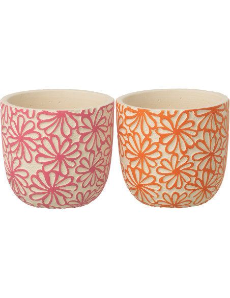Lot de 2 Cache-pots bohème Rond D 13 cm Terre cuite Rose Orange Motif fleurs Hanaya 