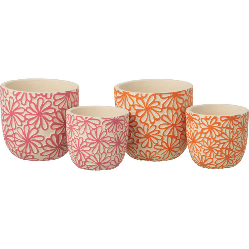 Lot de 2 Cache-pots bohème Rond D 13 cm Terre cuite Rose Orange Motif fleurs Hanaya 