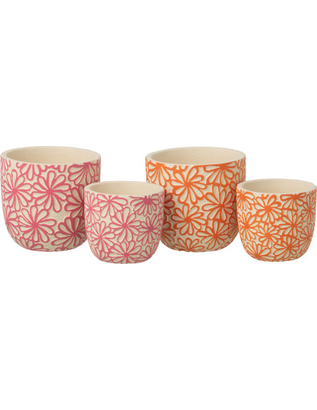 Lot de 2 Cache-pots bohème Rond D 13 cm Terre cuite Rose Orange Motif fleurs Hanaya 