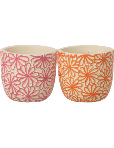 Lot de 2 Cache-pots bohème Rond D 12 cm Terre cuite Rose Orange Motif fleurs Hanaya 